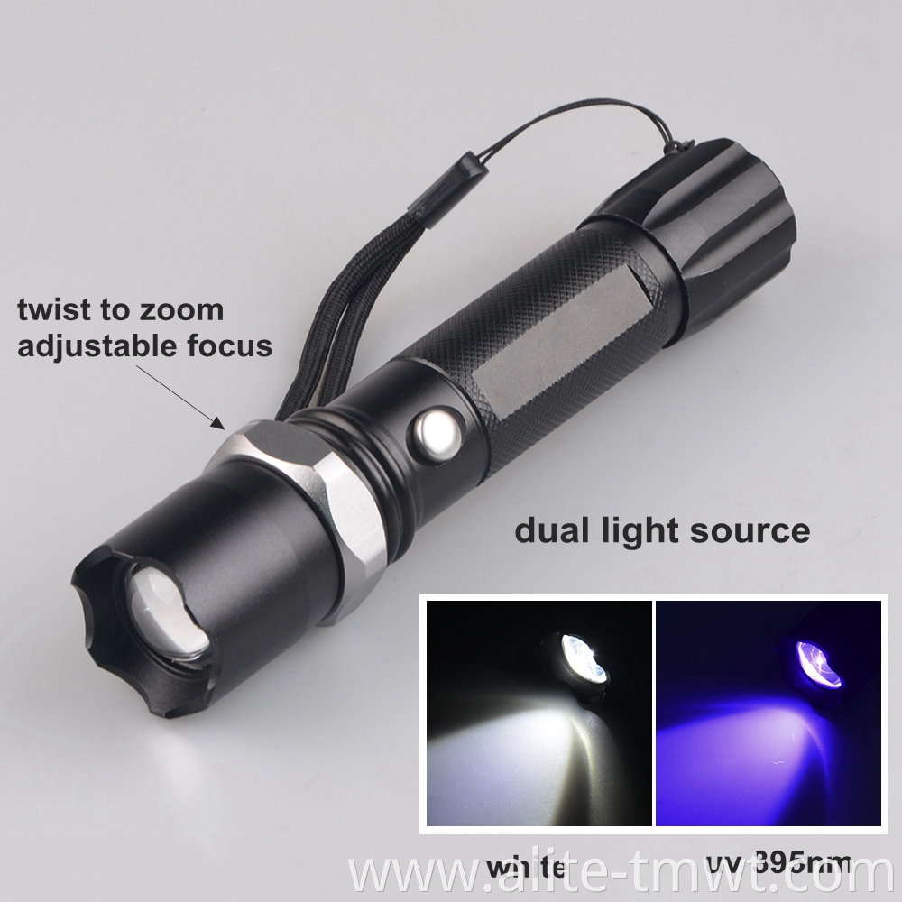 white uv 395nm 2 in 1 dual led light 18650 or AAA Battery Powered UV zoomable flashlight